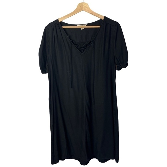 Lucky Brand Black Lace Up Neck Short Sleeve Mini Shift Dress M - Picture 1 of 3